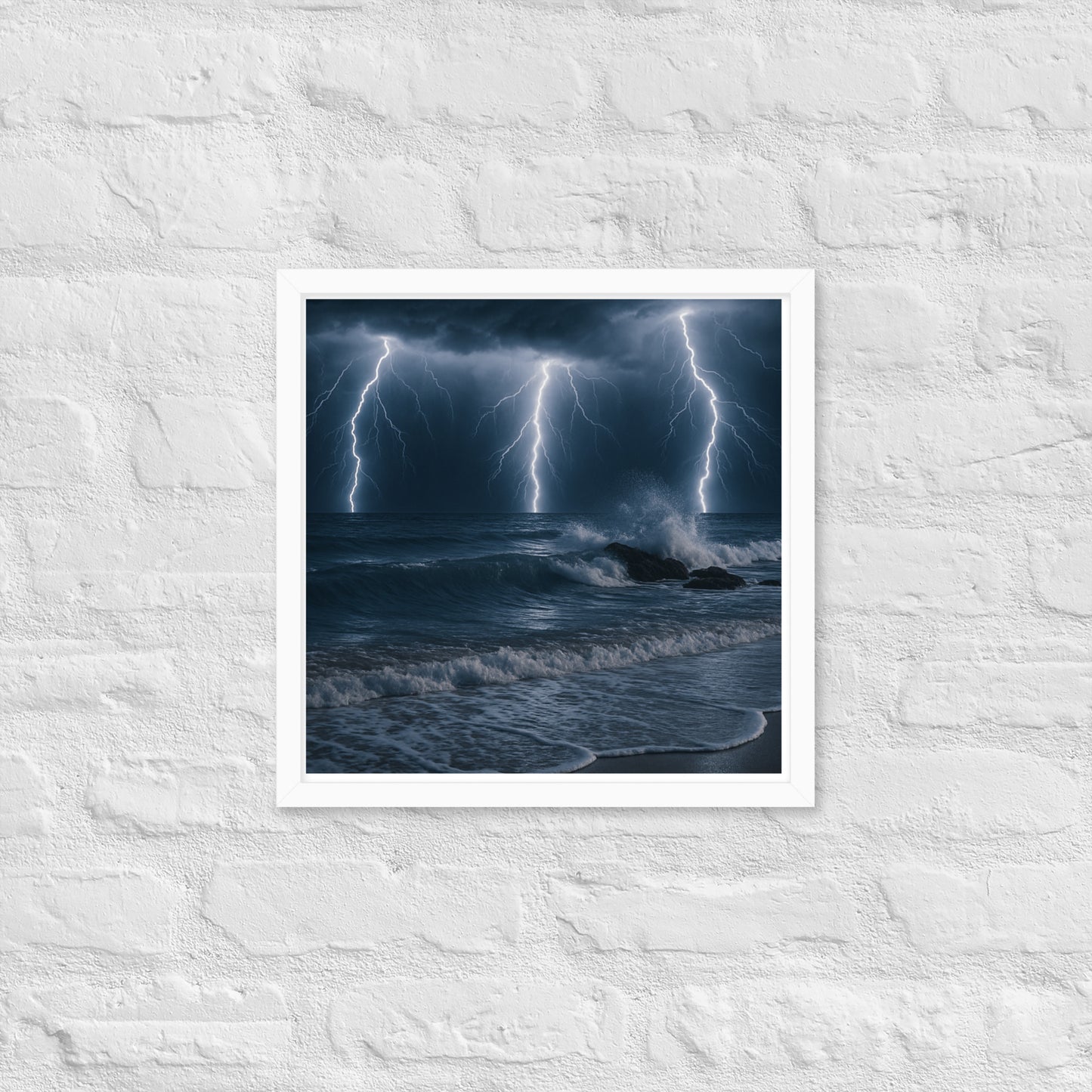 Framed lightning over the beach poster – nighttime ocean storm wall art
