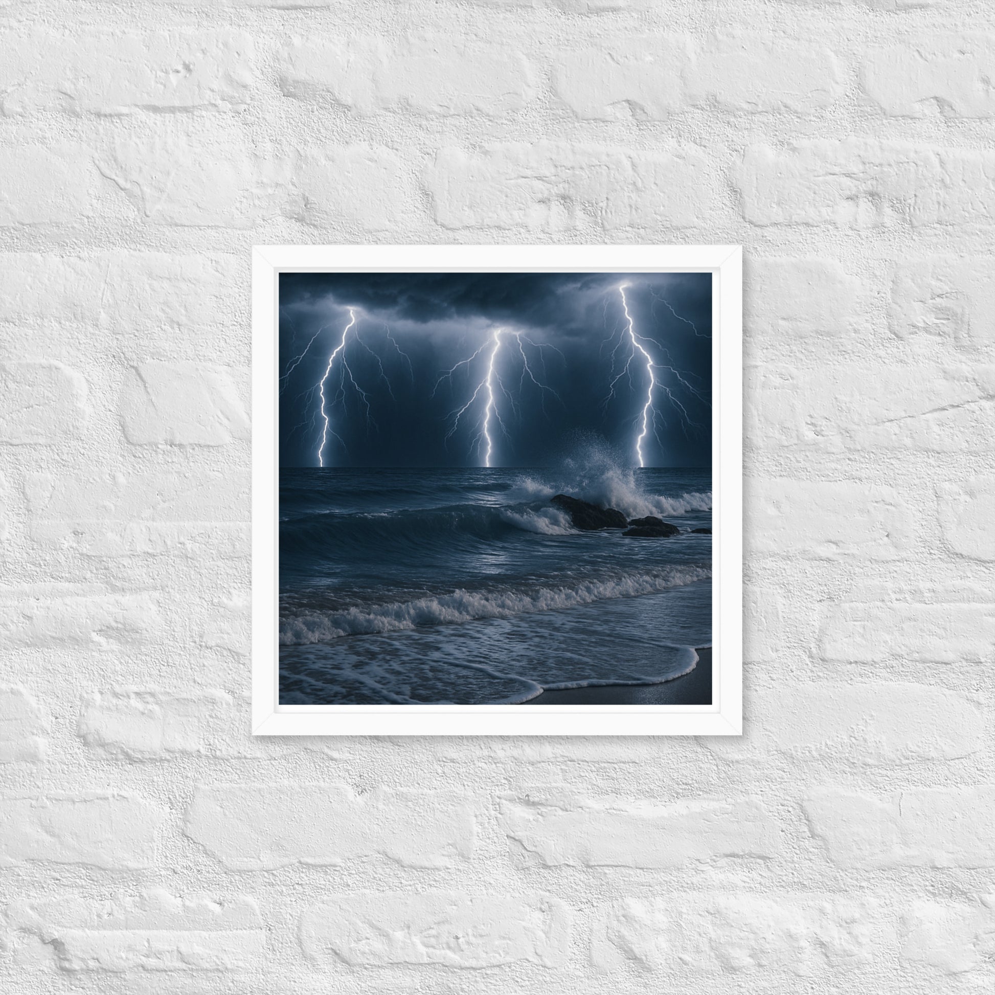 Framed lightning over the beach poster – nighttime ocean storm wall art