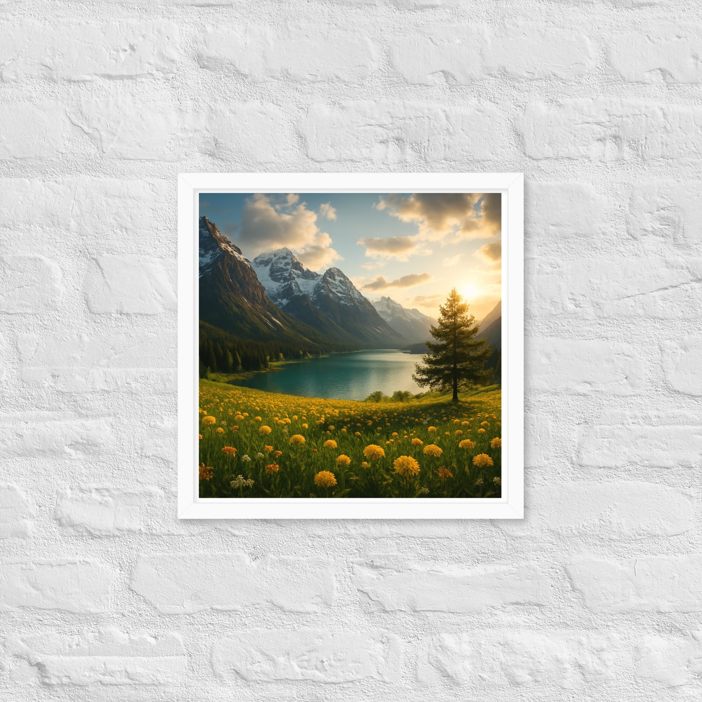 Majestic mountain valley Christian wall art with wildflowers and lake