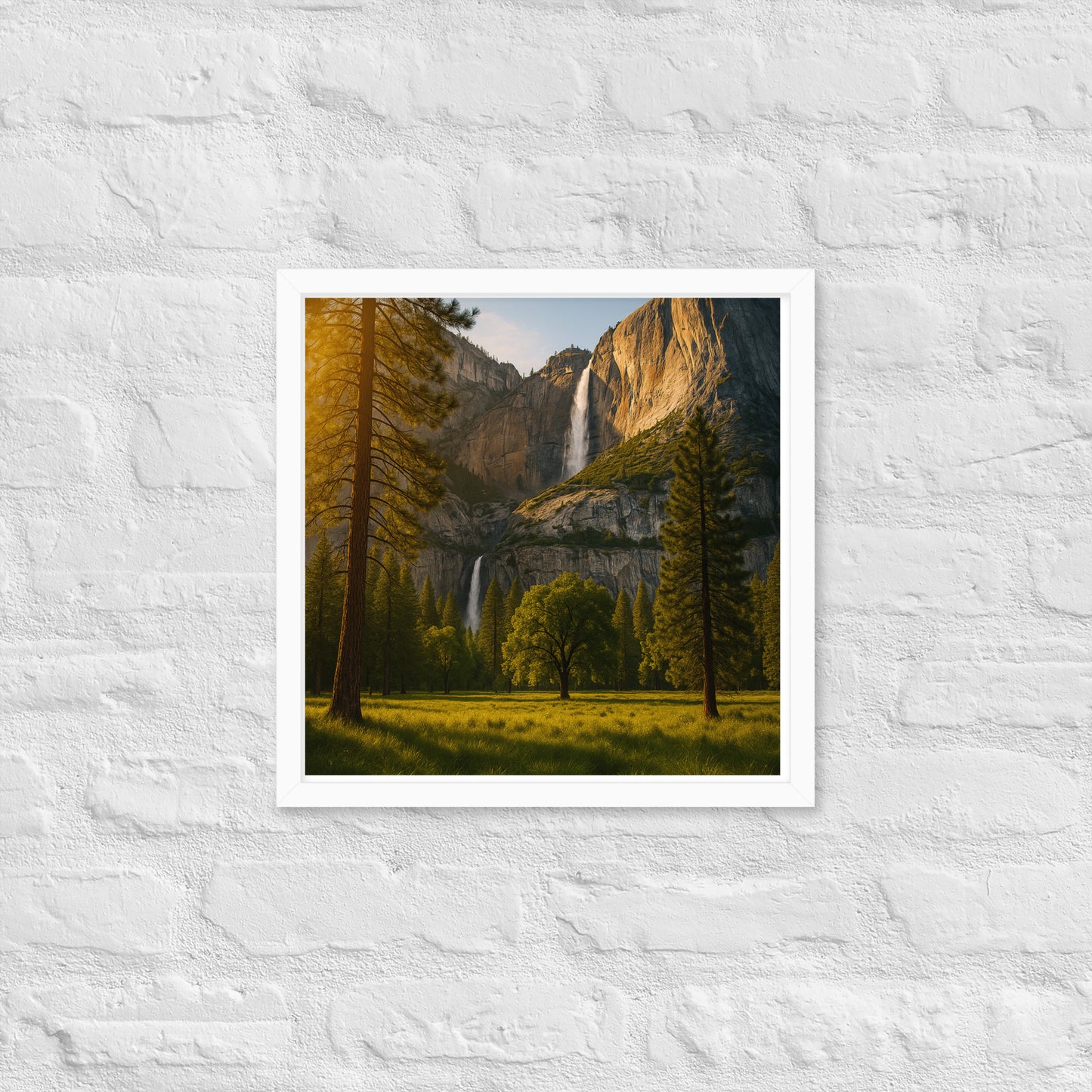 Waterfall landscape framed wall art with mountains and trees