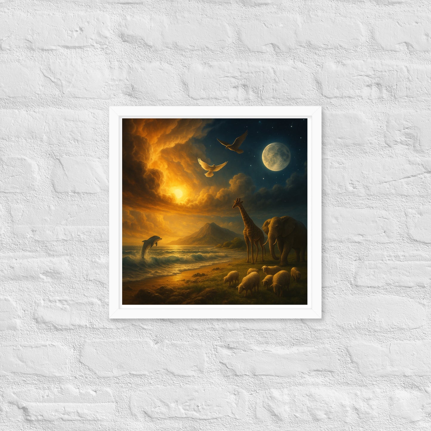 Genesis 1 creation poster—Christian wall art with sun, moon, ocean waves, dove, giraffe, elephant, sheep
