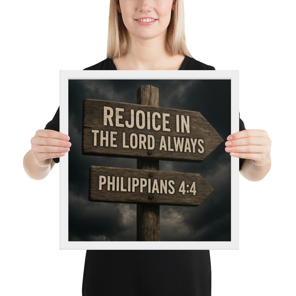 Christian wall art poster with Philippians 4:4 “Rejoice in the Lord always” – joyful Scripture framed print for Christian home décor.
