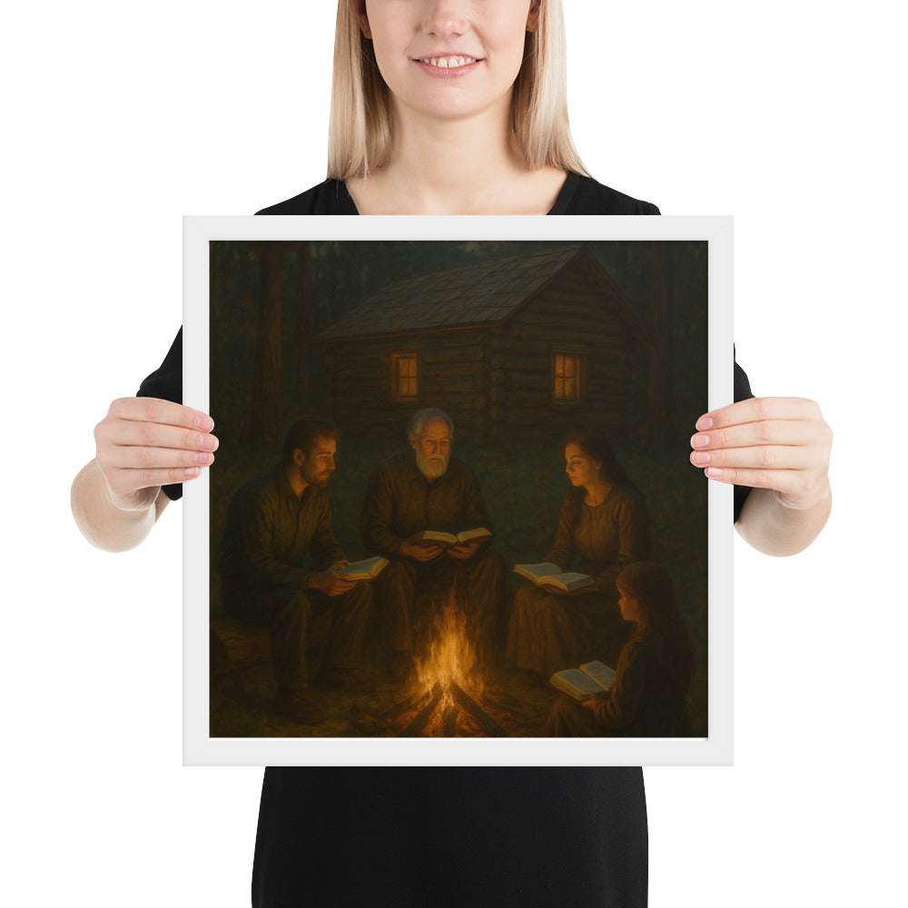 Christian wall art of family Bible study by campfire – faith-based framed poster symbolizing fellowship, prayer, and devotion.