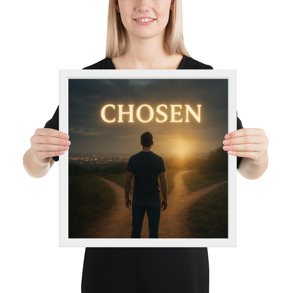 Christian wall art poster with prophetic “Chosen” design — framed faith-based décor about identity and purpose in Christ.