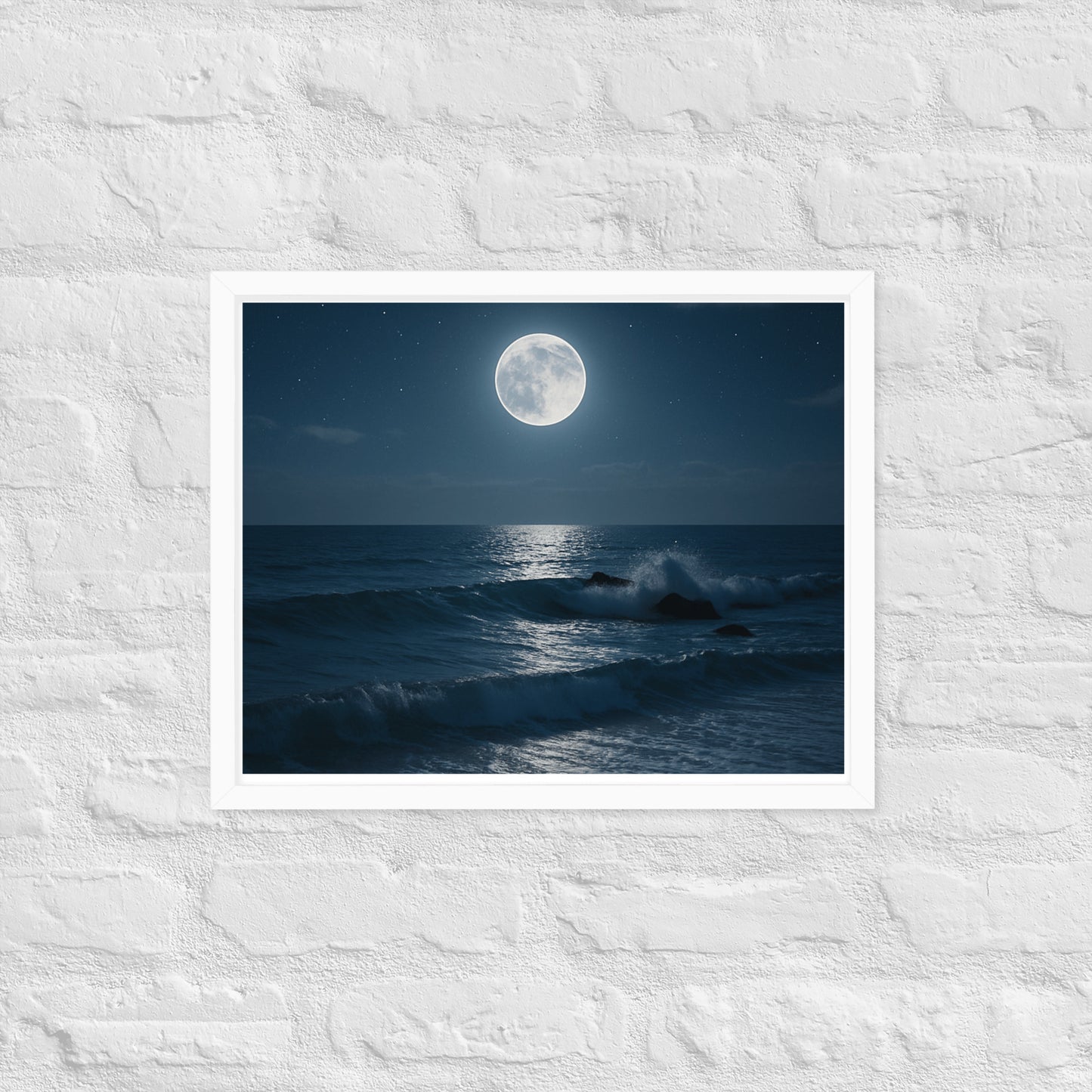 Framed moonlit beach poster – night ocean Christian wall art