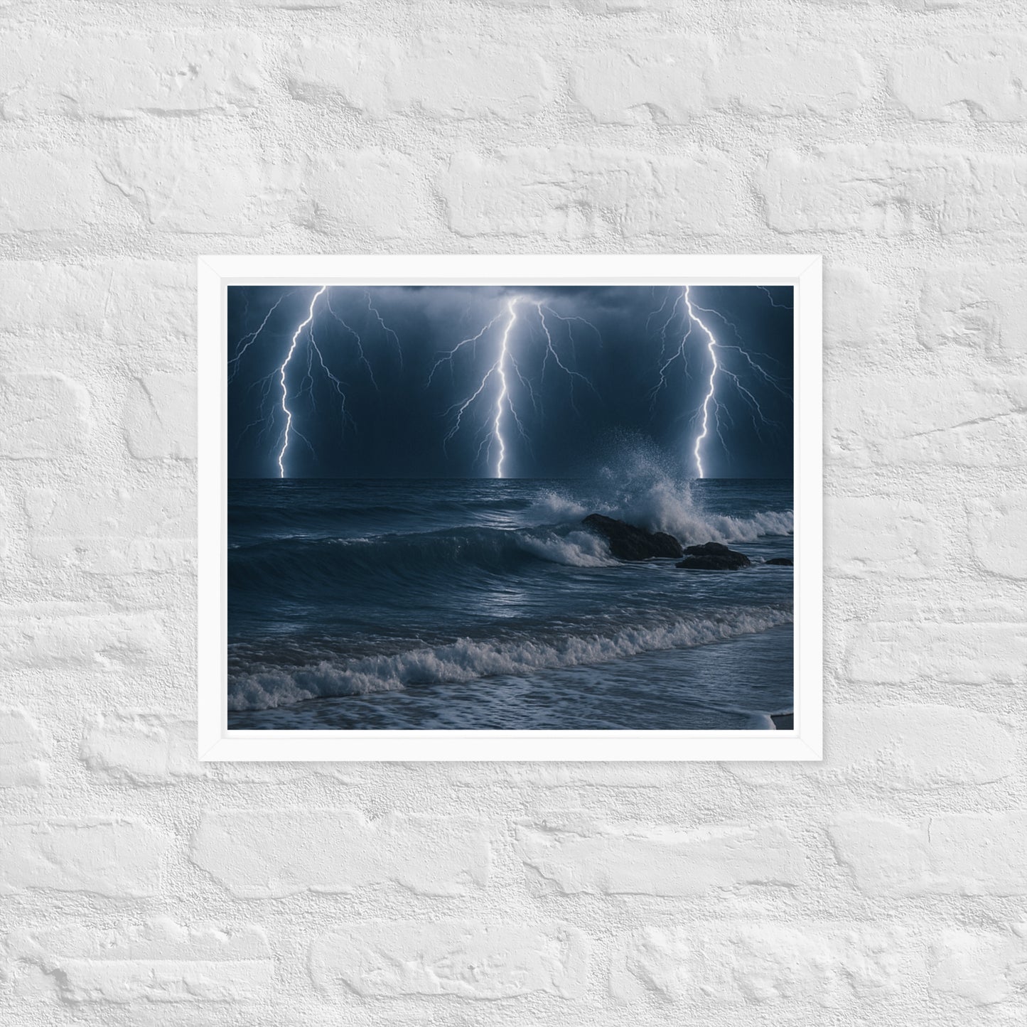 Framed lightning over the beach poster – nighttime ocean storm wall art