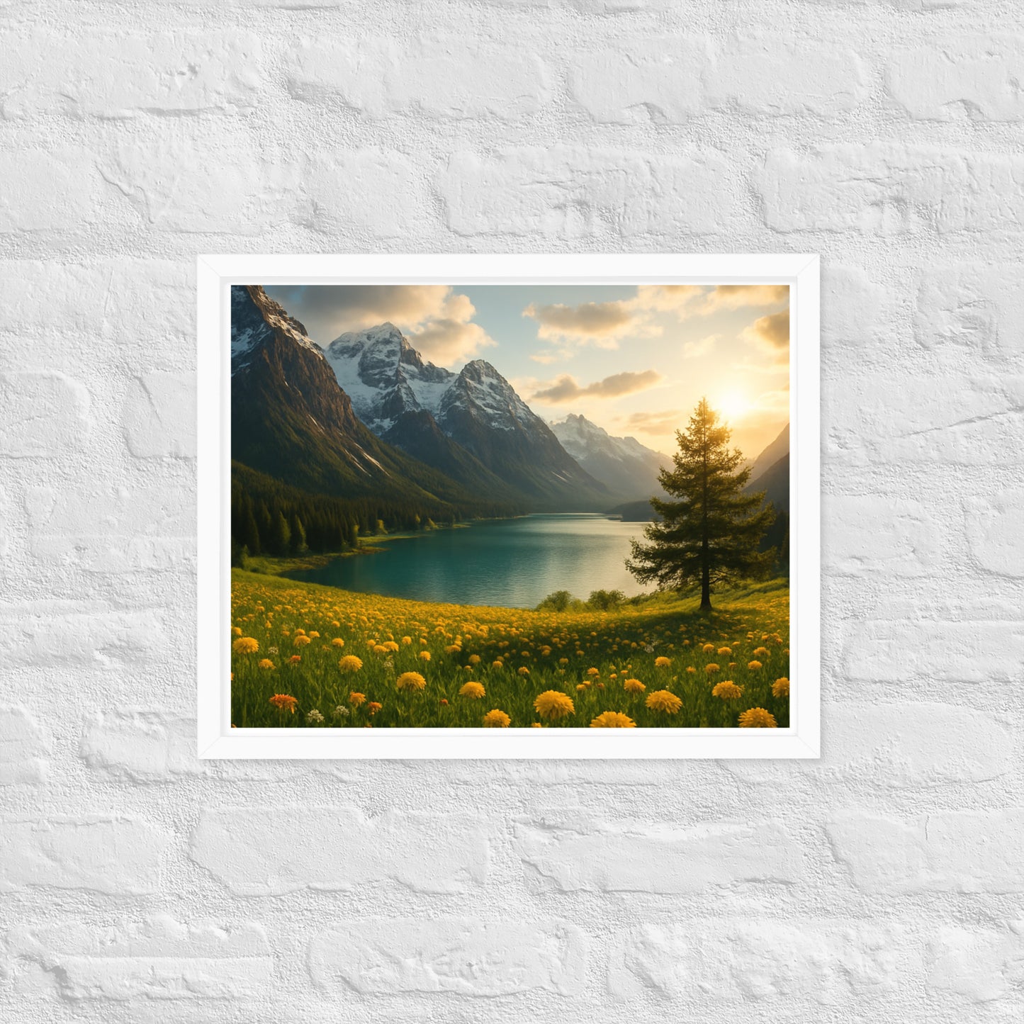 Majestic mountain valley Christian wall art with wildflowers and lake