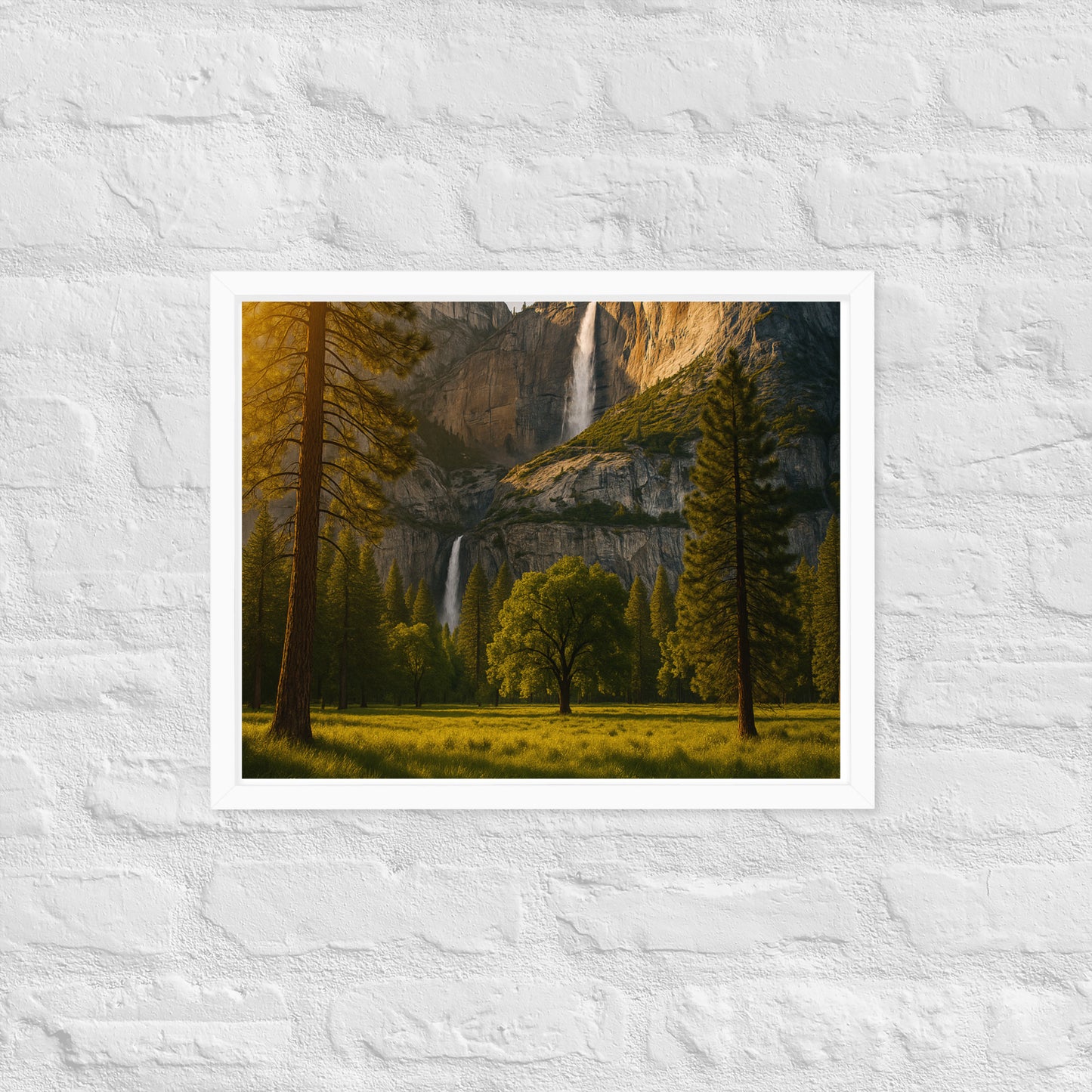 Waterfall landscape framed wall art with mountains and trees