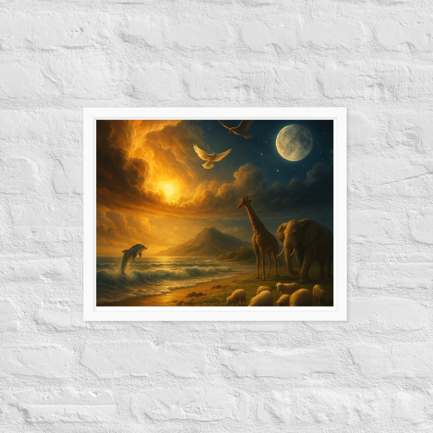 Genesis 1 creation poster—Christian wall art with sun, moon, ocean waves, dove, giraffe, elephant, sheep