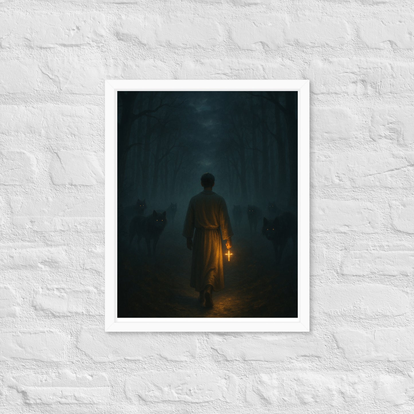 Man in a dark foggy forest holding a glowing cross while shadowy wolves watch from the trees, dramatic Christian wall art symbolizing Psalm 23 “fear no evil.”