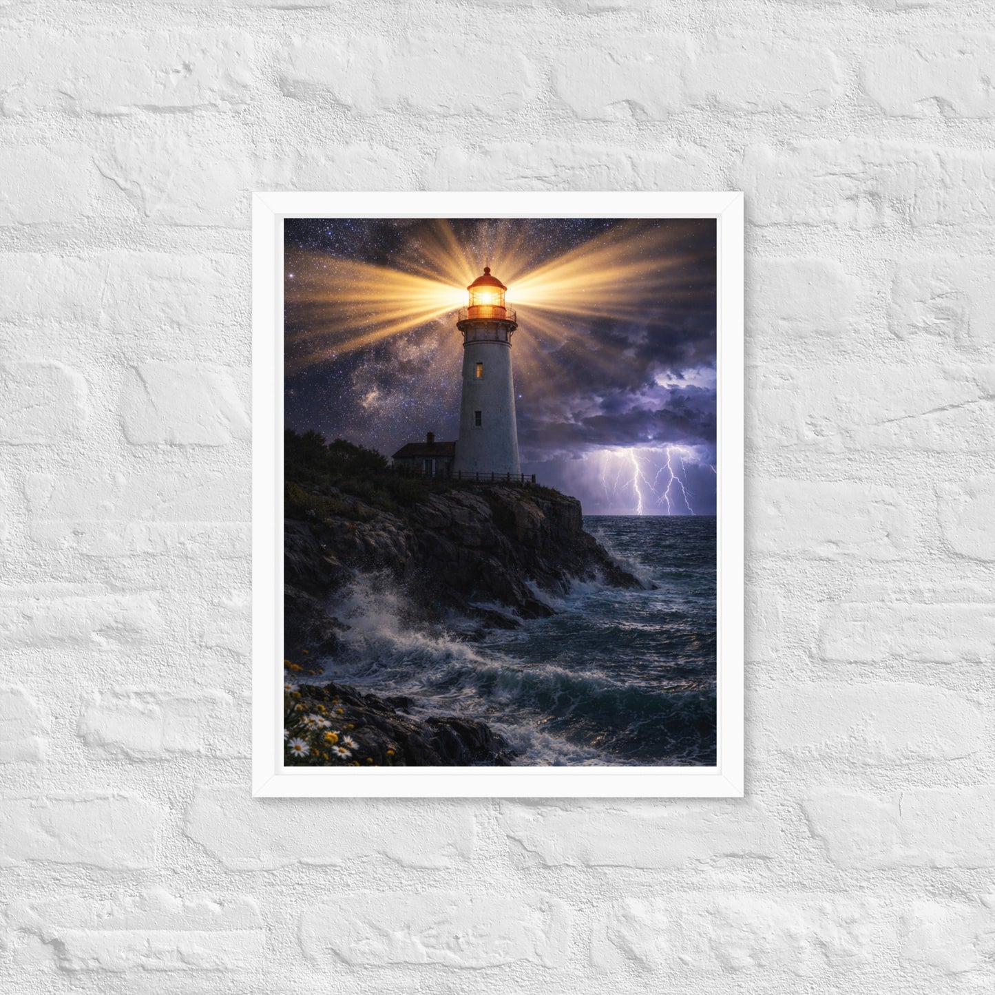 Lighthouse on rocky coast shining bright beams across stormy ocean at night with lightning and stars in the sky, inspirational Christian coastal framed poster.
