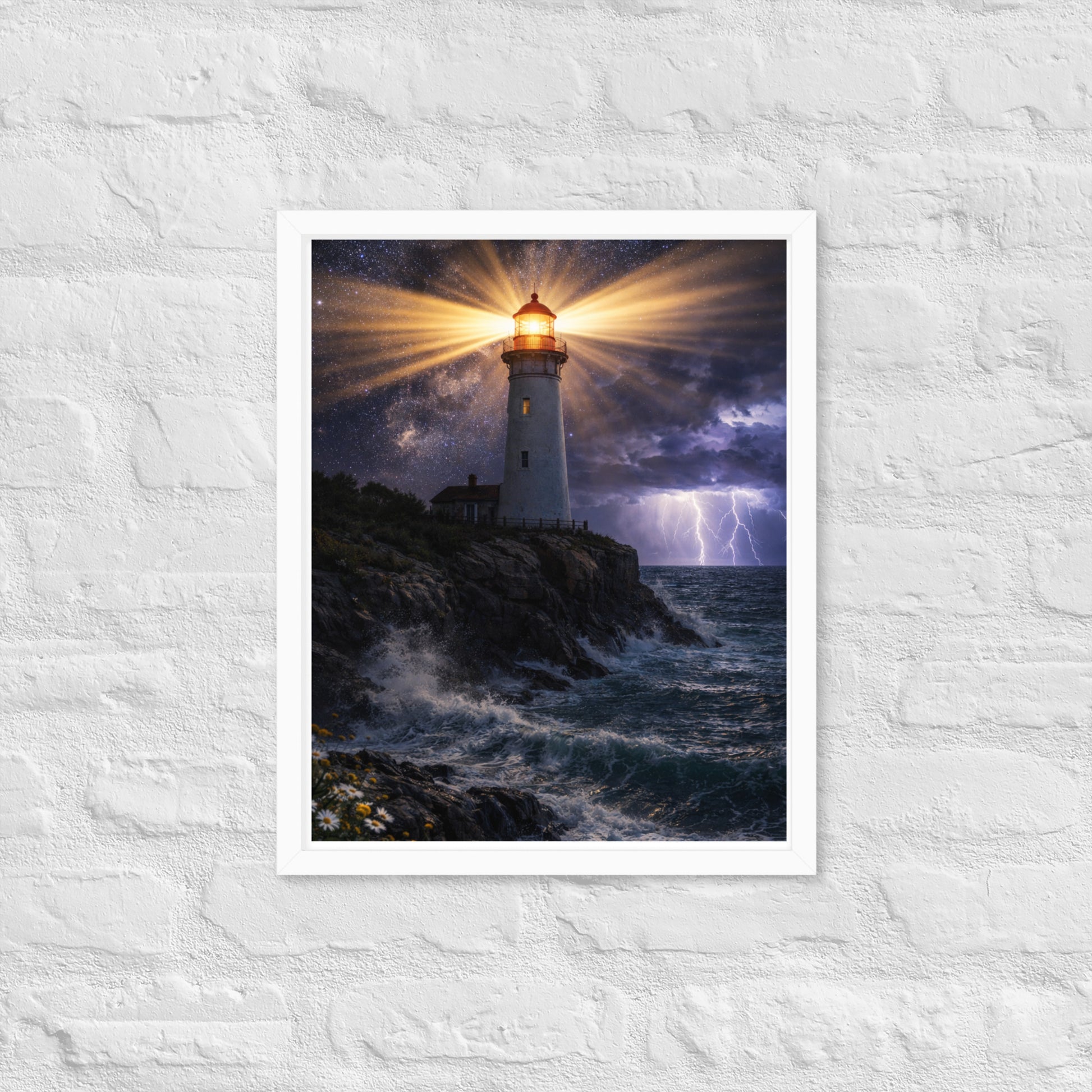 Lighthouse on rocky coast shining bright beams across stormy ocean at night with lightning and stars in the sky, inspirational Christian coastal framed poster.