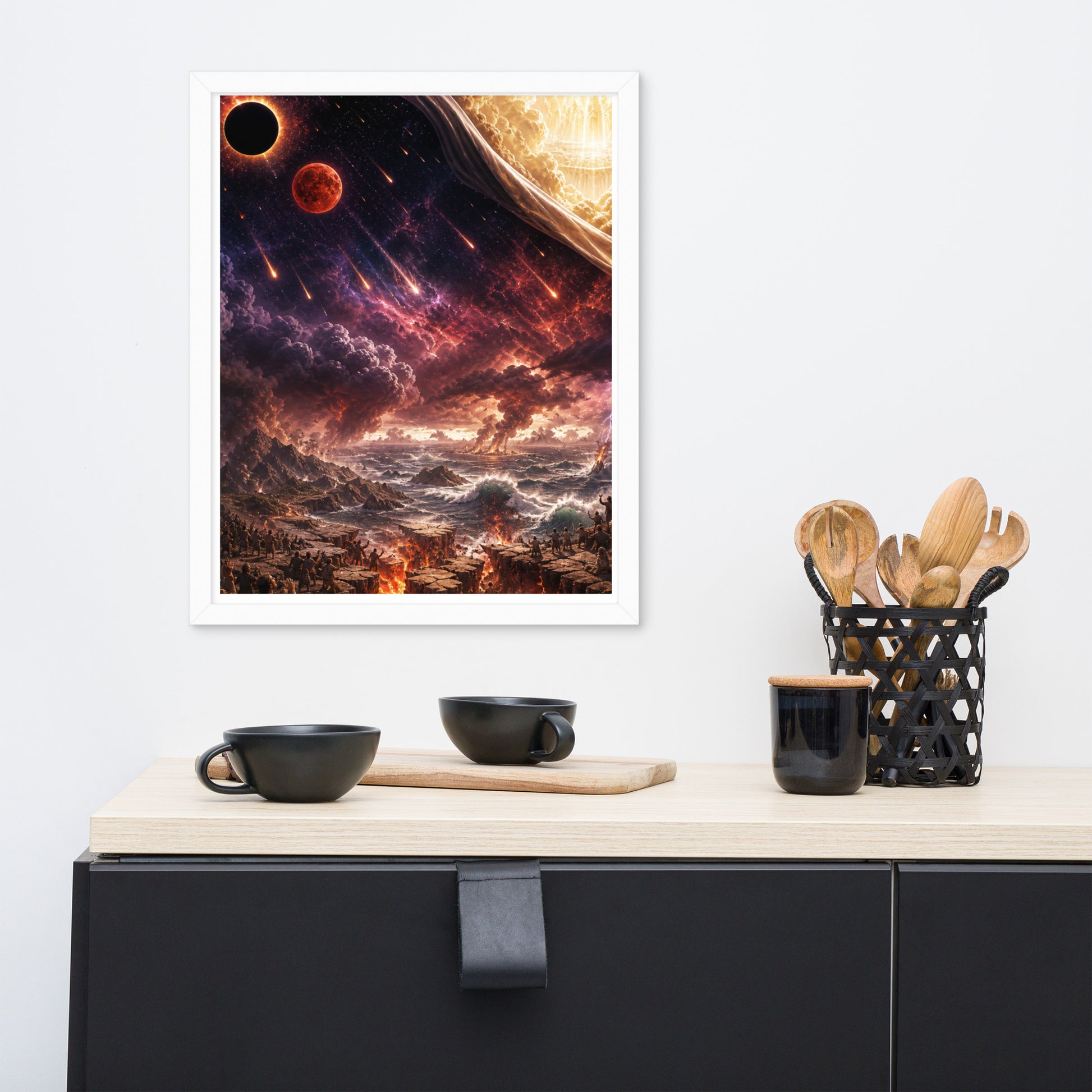 Revelation inspired framed Christian poster showing blood moon imagery, darkened skies, falling stars, and dramatic biblical end-times scenery.