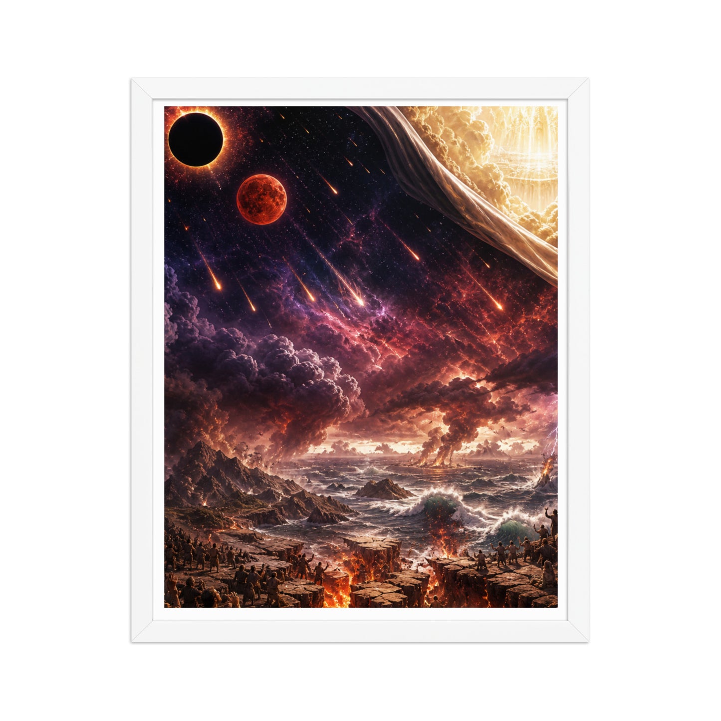 Revelation inspired framed Christian poster showing blood moon imagery, darkened skies, falling stars, and dramatic biblical end-times scenery.