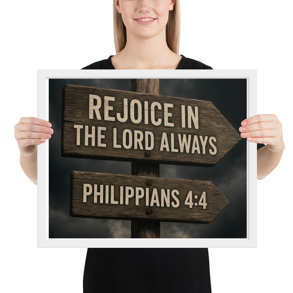 Christian wall art poster with Philippians 4:4 “Rejoice in the Lord always” – joyful Scripture framed print for Christian home décor.