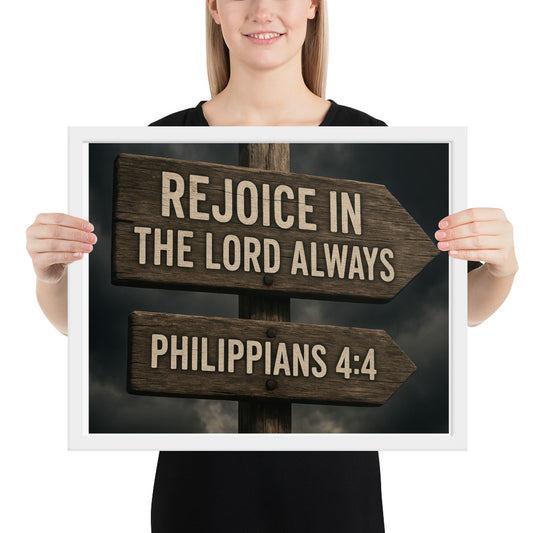 Christian wall art poster with Philippians 4:4 “Rejoice in the Lord always” – joyful Scripture framed print for Christian home décor.
