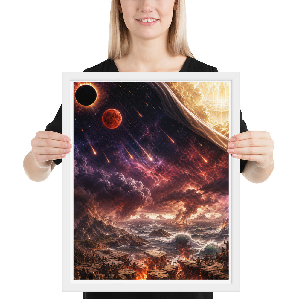 Revelation inspired framed Christian poster showing blood moon imagery, darkened skies, falling stars, and dramatic biblical end-times scenery.