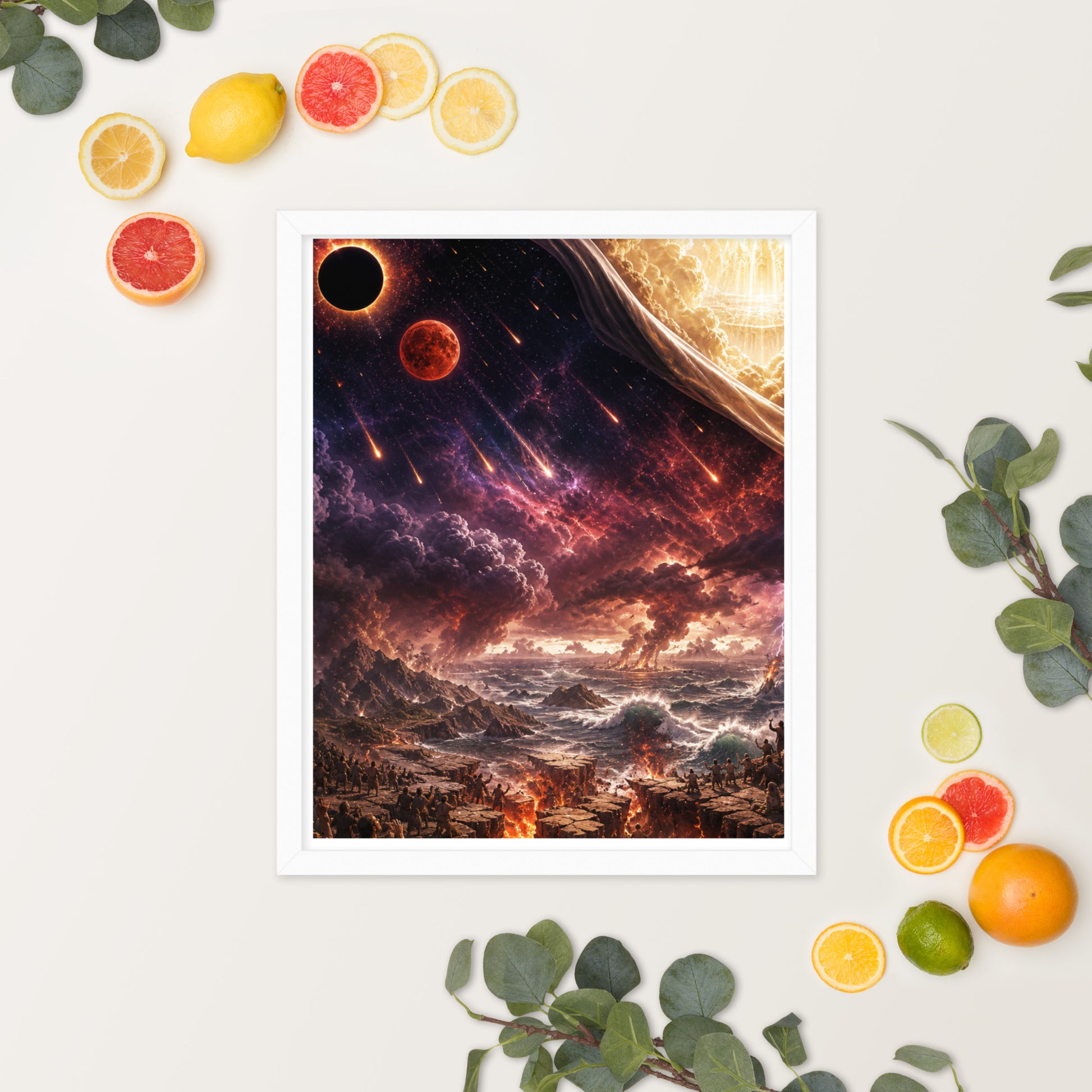 Revelation inspired framed Christian poster showing blood moon imagery, darkened skies, falling stars, and dramatic biblical end-times scenery.