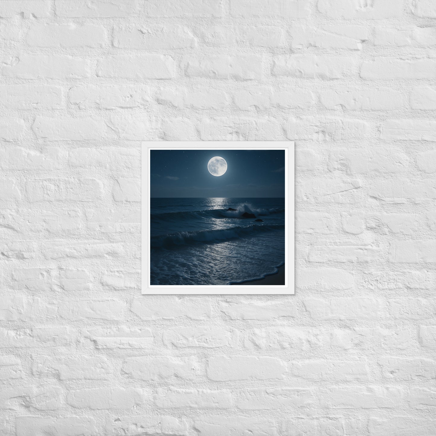 Framed moonlit beach poster – night ocean Christian wall art