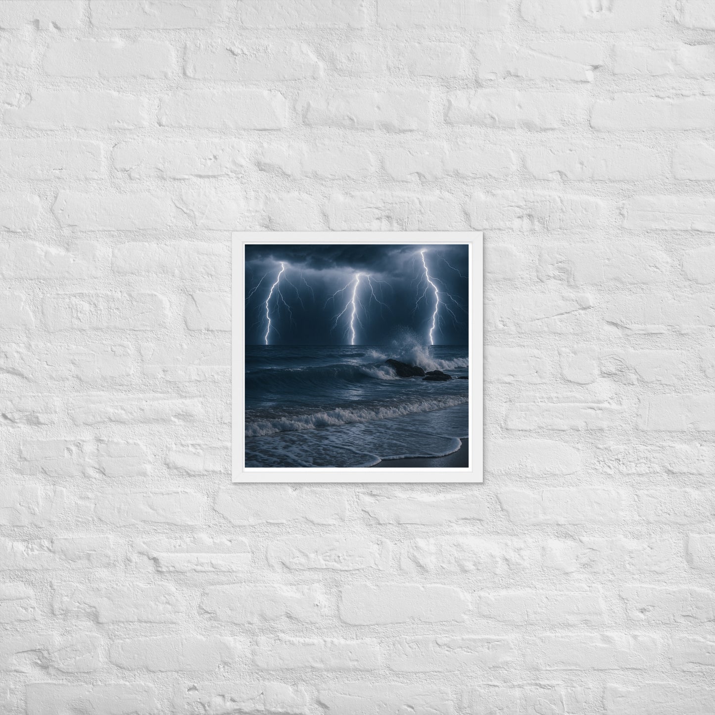 Framed lightning over the beach poster – nighttime ocean storm wall art
