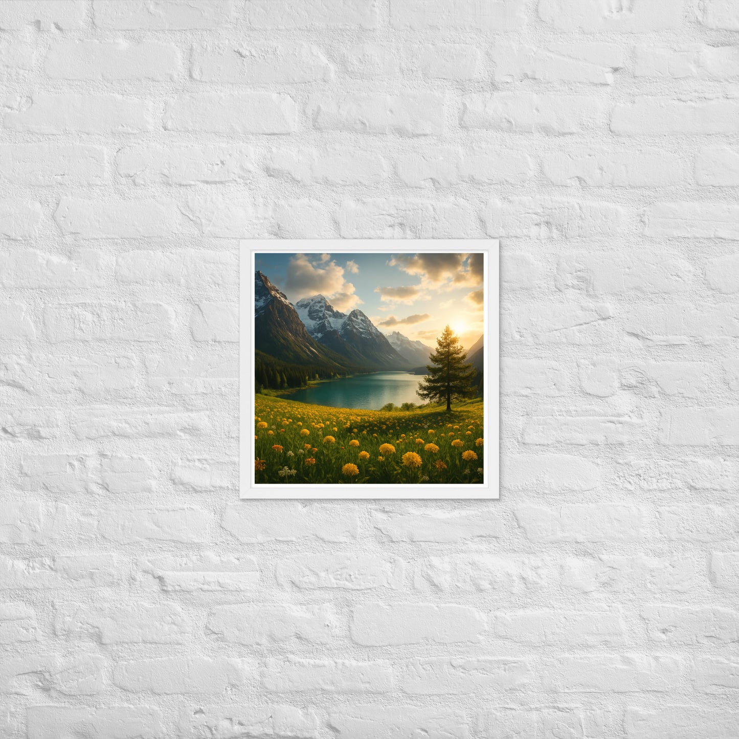 Majestic mountain valley Christian wall art with wildflowers and lake