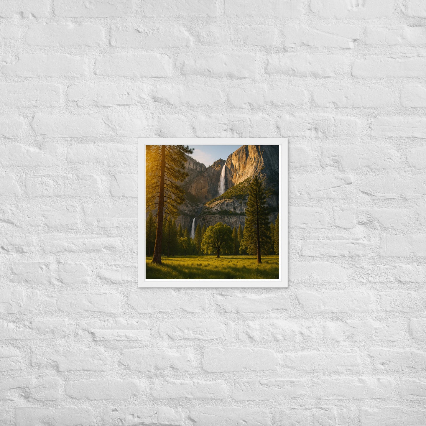 Waterfall landscape framed wall art with mountains and trees