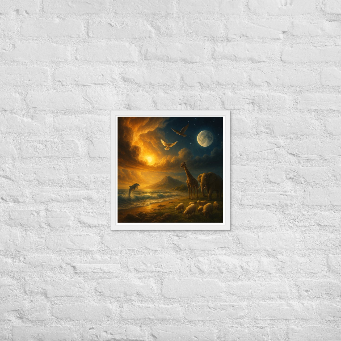 Genesis 1 creation poster—Christian wall art with sun, moon, ocean waves, dove, giraffe, elephant, sheep