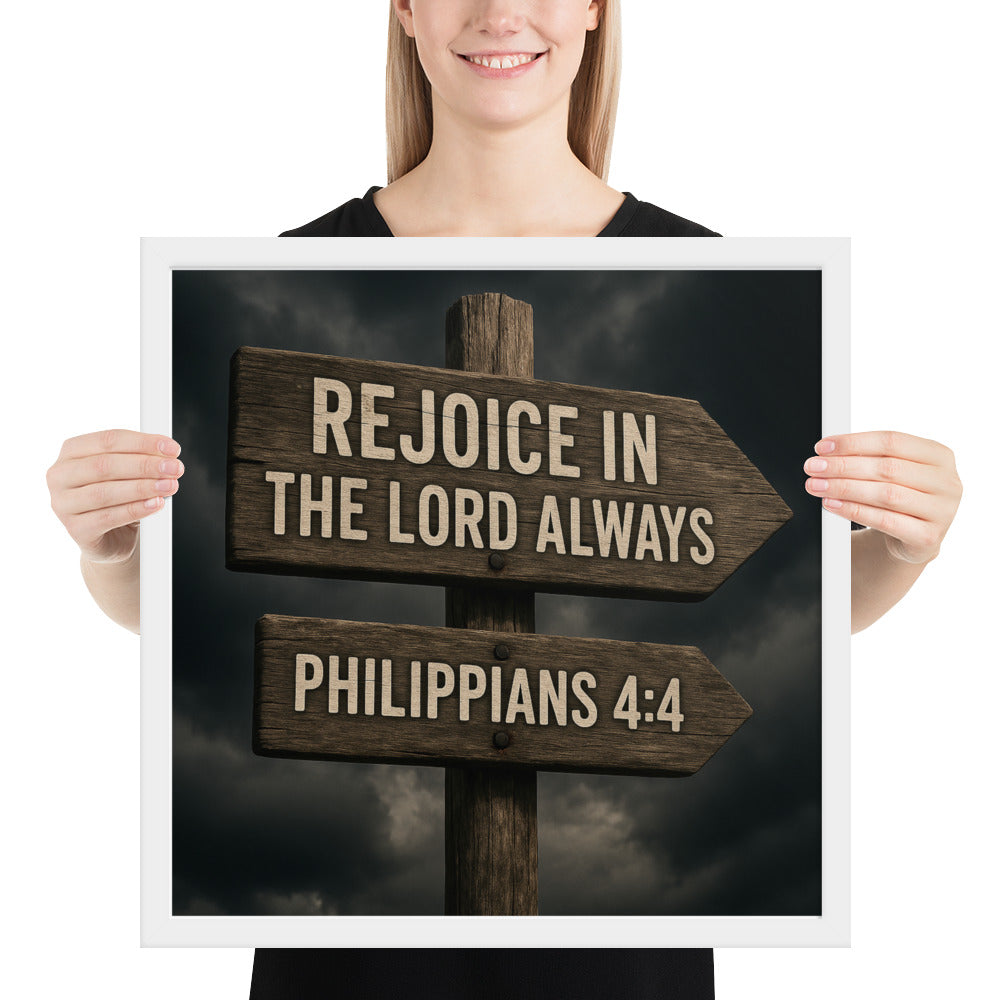Christian wall art poster with Philippians 4:4 “Rejoice in the Lord always” – joyful Scripture framed print for Christian home décor.