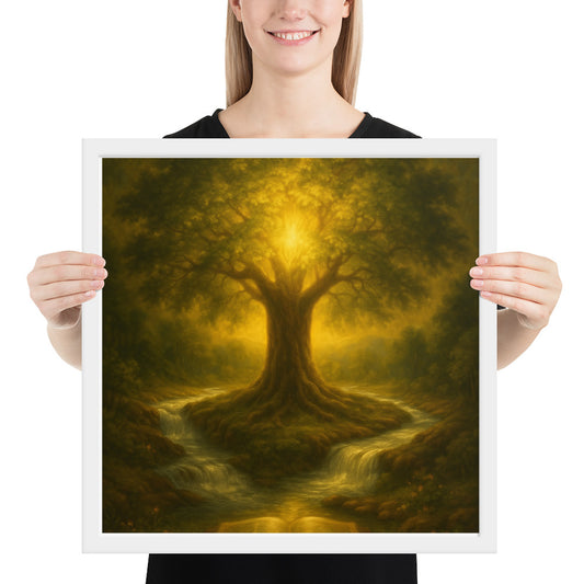Tree of Life Christian poster with scripture design in gold and green.