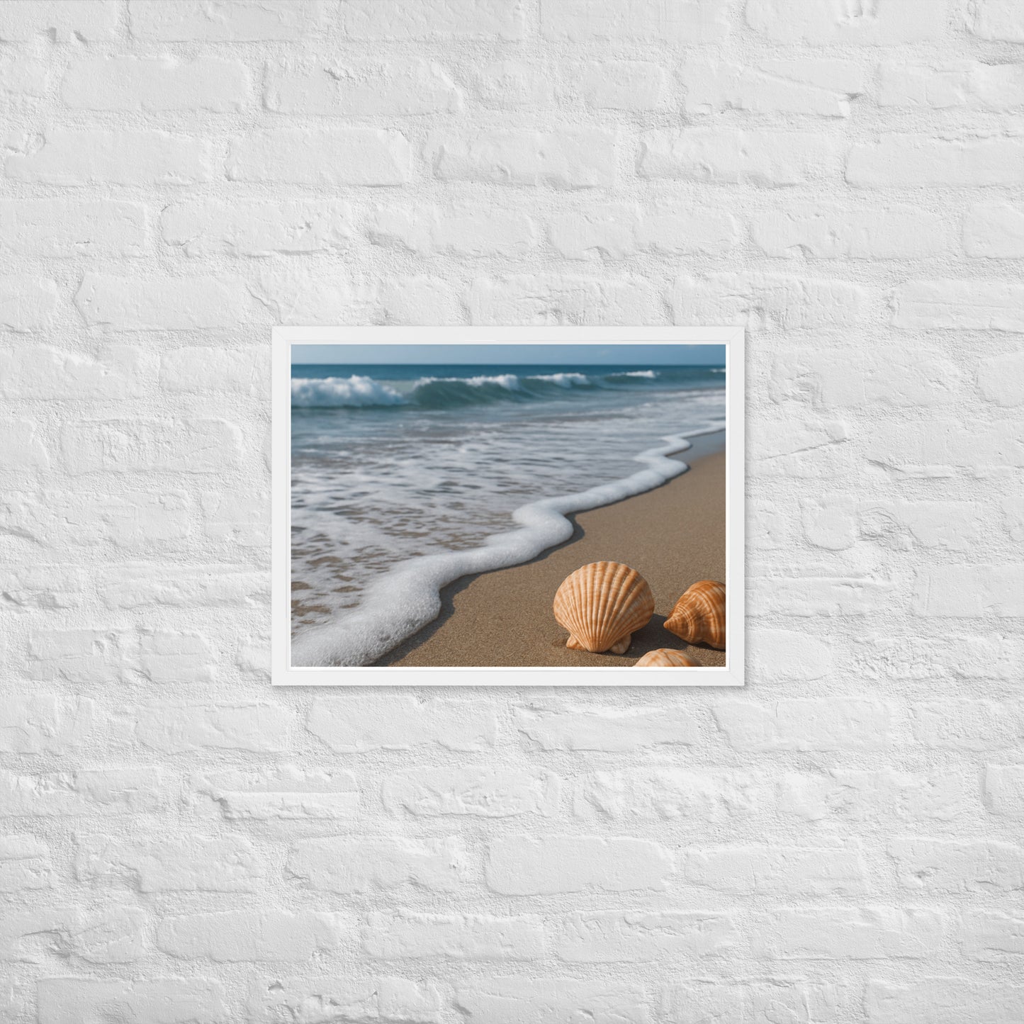 Framed beach poster with sand and seashells – coastal wall art