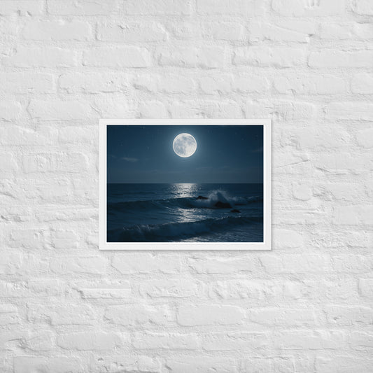Framed moonlit beach poster – night ocean Christian wall art