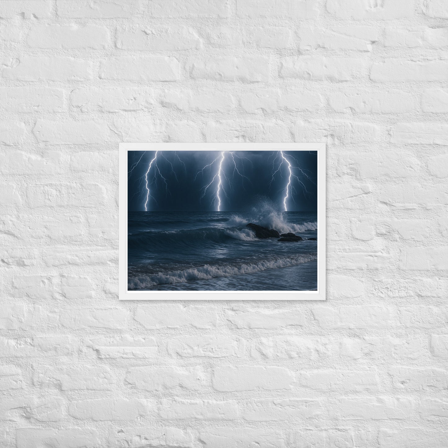 Framed lightning over the beach poster – nighttime ocean storm wall art