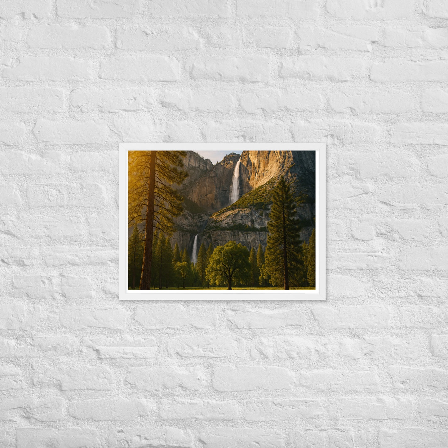 Waterfall landscape framed wall art with mountains and trees