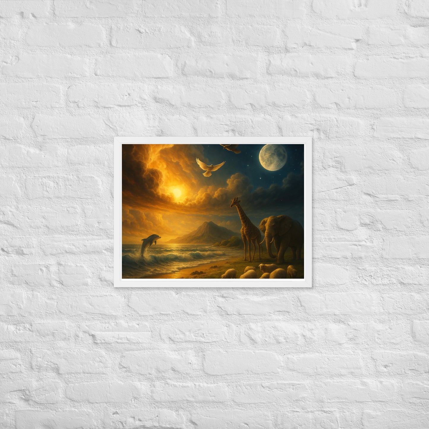 Genesis 1 creation poster—Christian wall art with sun, moon, ocean waves, dove, giraffe, elephant, sheep