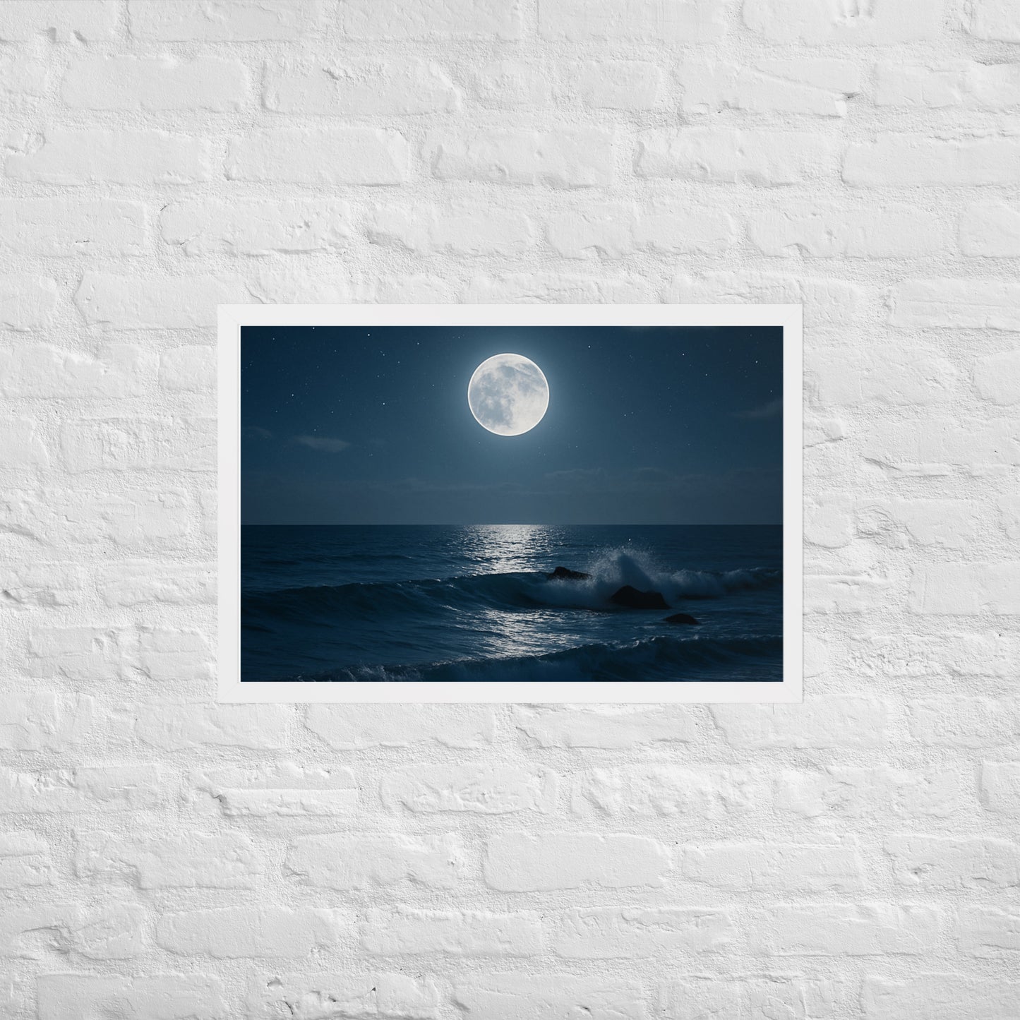 Framed moonlit beach poster – night ocean Christian wall art
