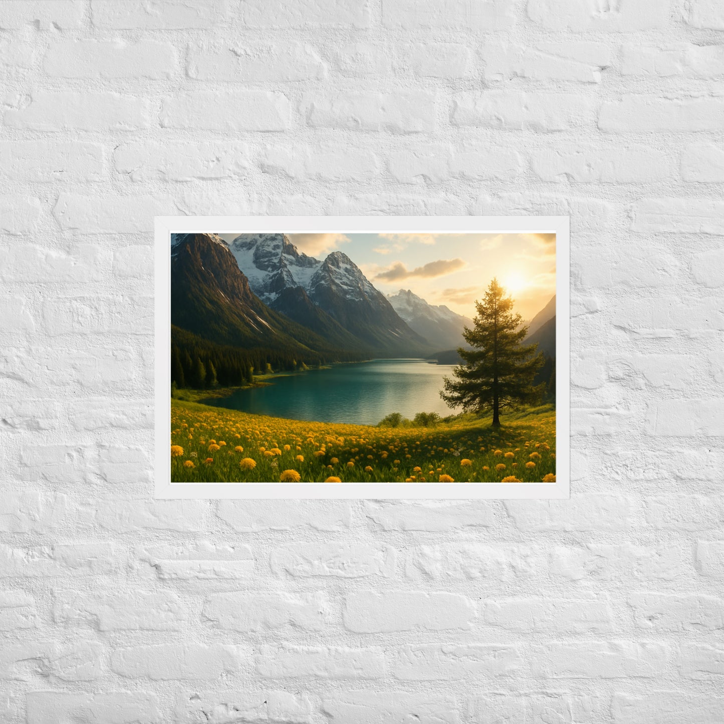 Majestic mountain valley Christian wall art with wildflowers and lake
