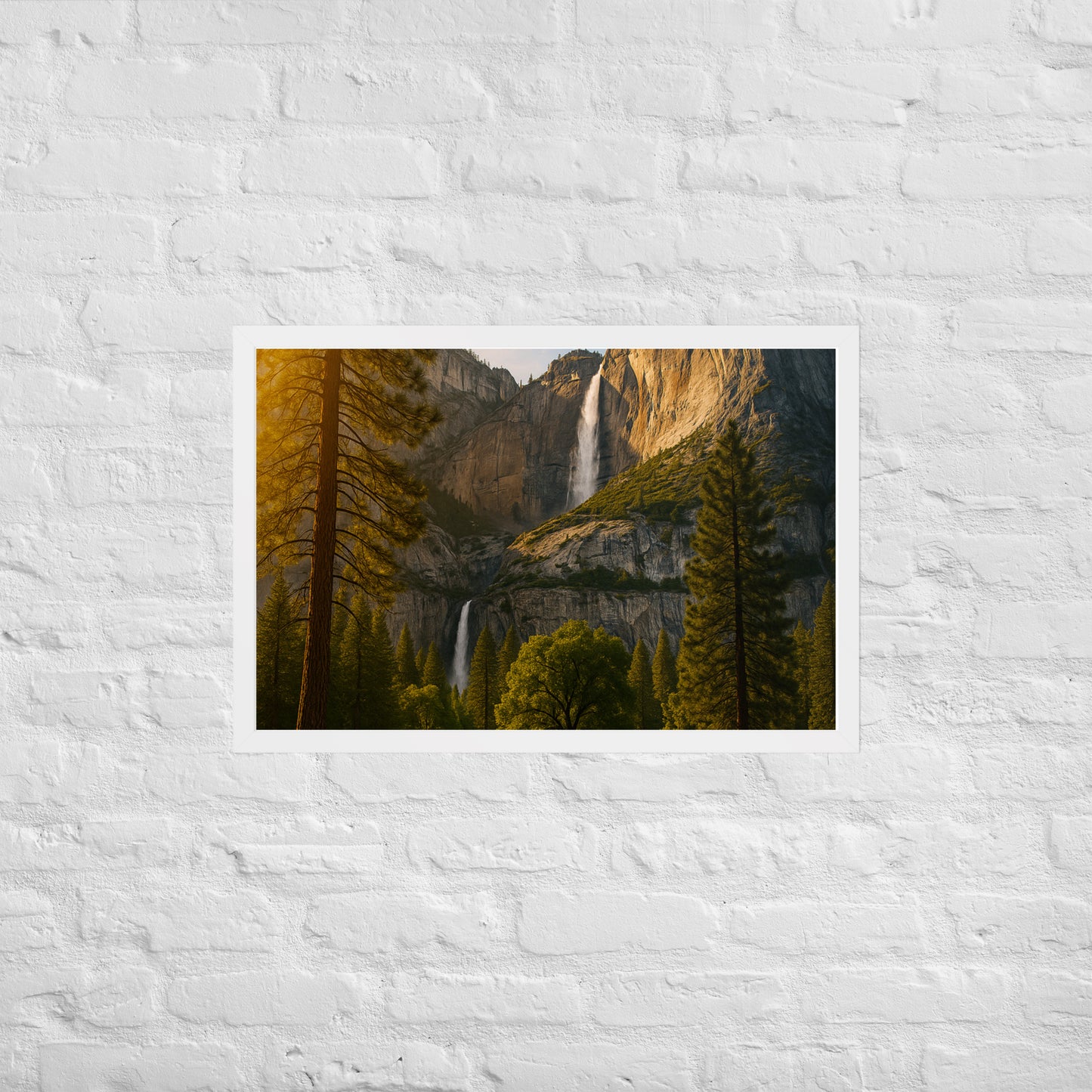 Waterfall landscape framed wall art with mountains and trees