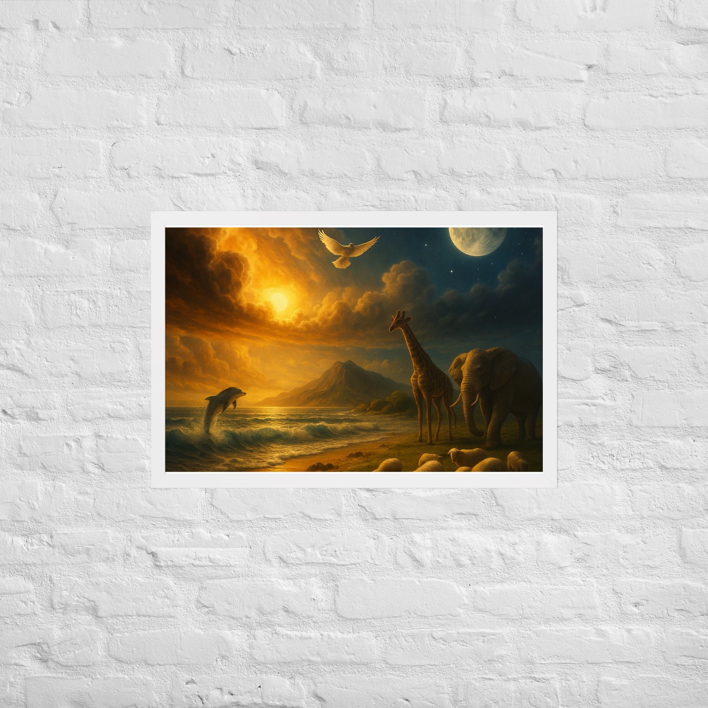 Genesis 1 creation poster—Christian wall art with sun, moon, ocean waves, dove, giraffe, elephant, sheep