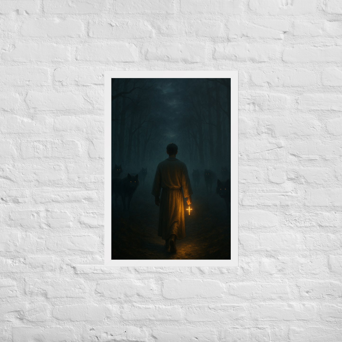 Man in a dark foggy forest holding a glowing cross while shadowy wolves watch from the trees, dramatic Christian wall art symbolizing Psalm 23 “fear no evil.”