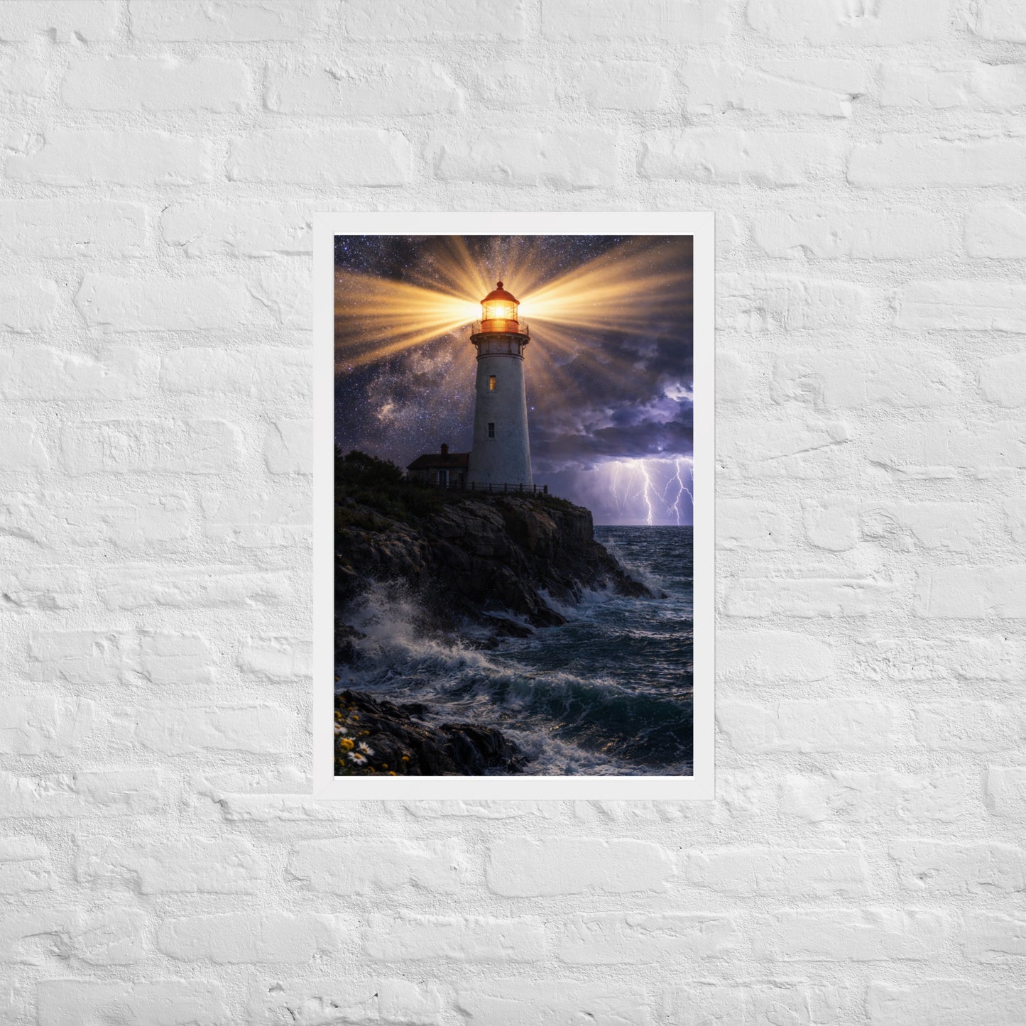 Lighthouse on rocky coast shining bright beams across stormy ocean at night with lightning and stars in the sky, inspirational Christian coastal framed poster.