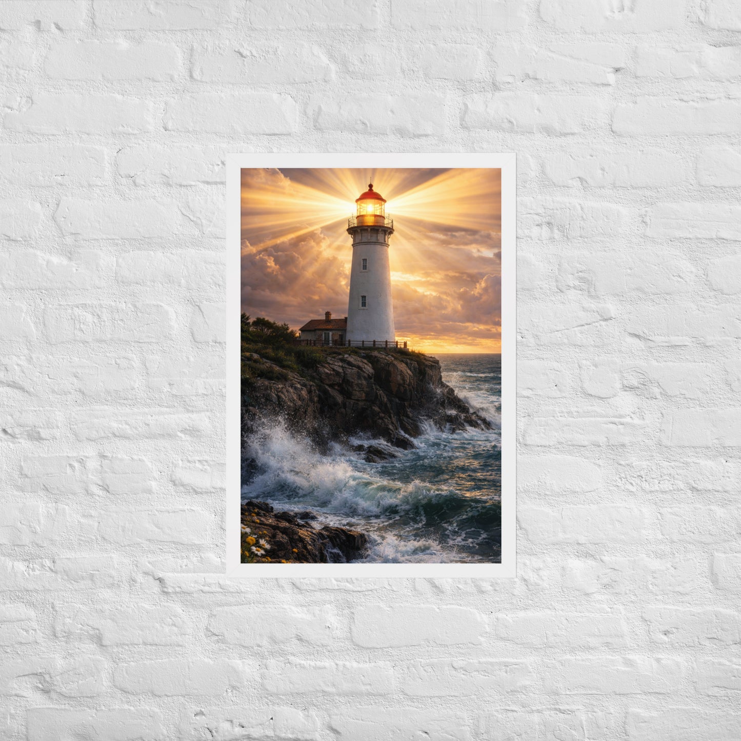 White lighthouse on rocky coastline shining golden beams through dramatic sunset clouds above crashing ocean waves, inspirational Christian coastal framed poster.