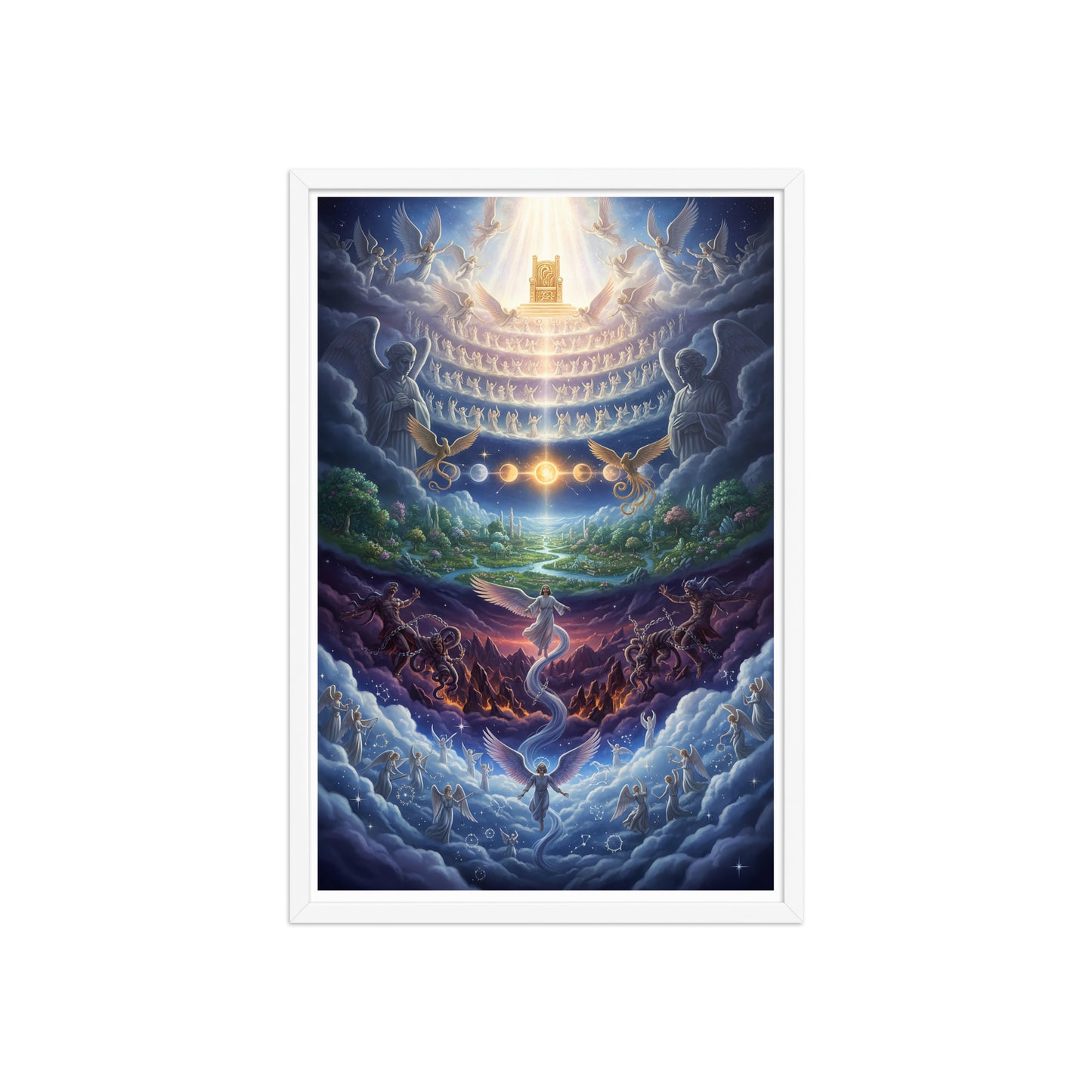 Enoch's vision of the seven heavens prophetic Christian wall art — paradise garden, celestial sun and moon, bound Watchers, angelic hosts, and blazing golden throne of glory surrounded by the heavenly host