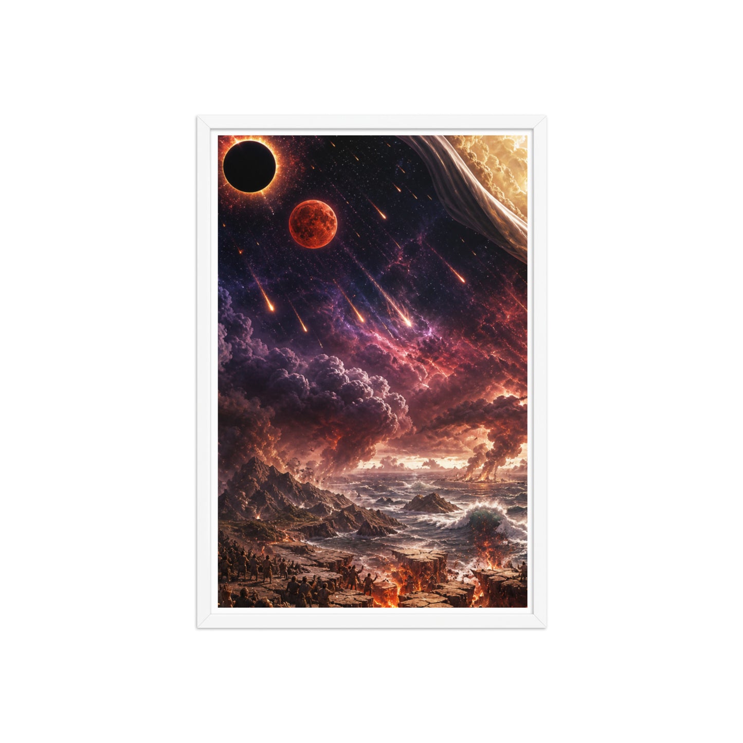Revelation inspired framed Christian poster showing blood moon imagery, darkened skies, falling stars, and dramatic biblical end-times scenery.