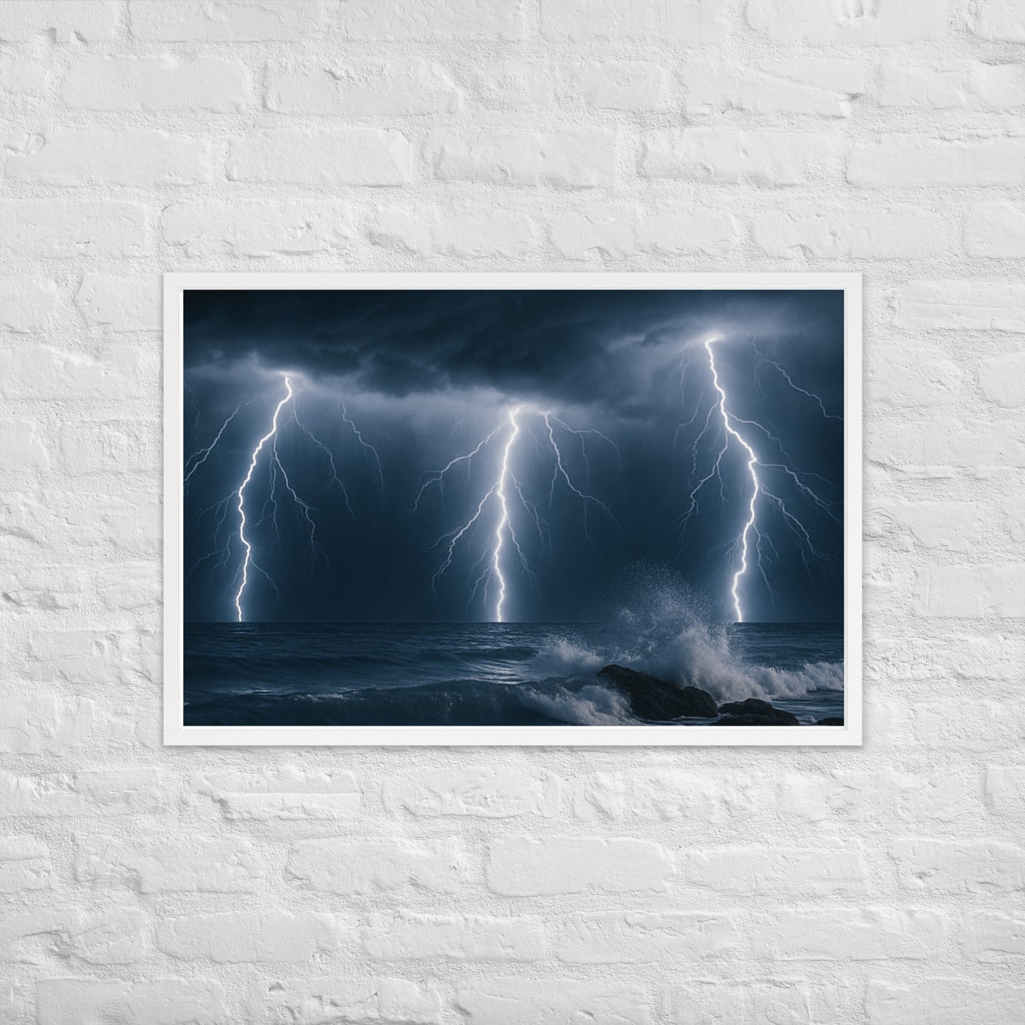 Framed lightning over the beach poster – nighttime ocean storm wall art