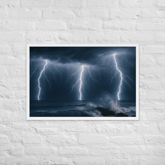 Framed lightning over the beach poster – nighttime ocean storm wall art