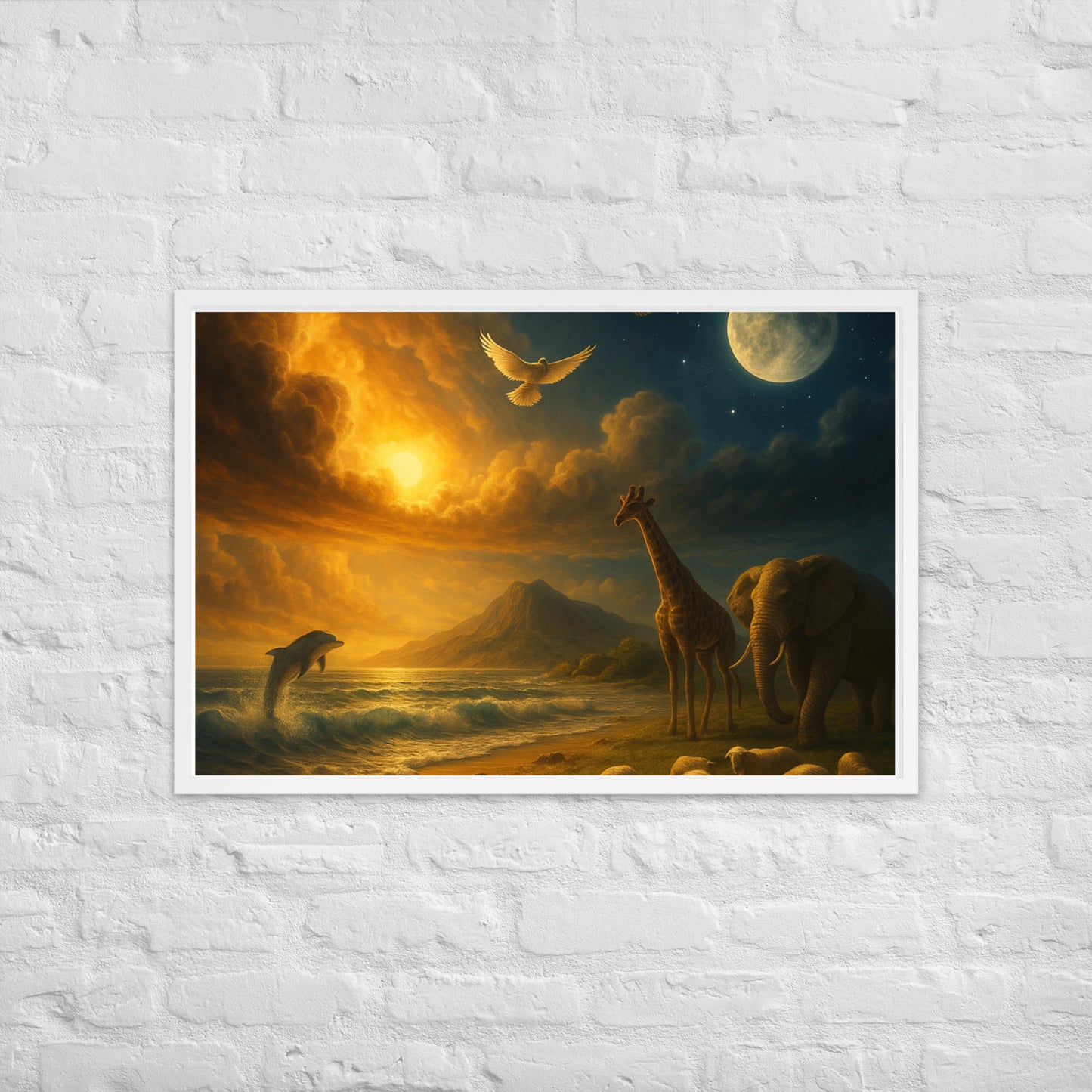 Genesis 1 creation poster—Christian wall art with sun, moon, ocean waves, dove, giraffe, elephant, sheep