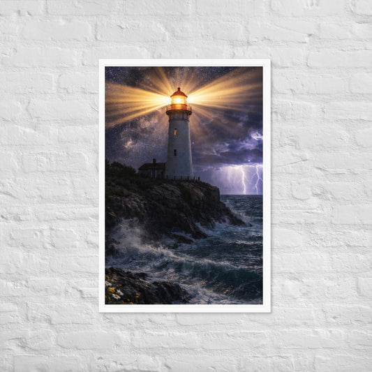 Lighthouse on rocky coast shining bright beams across stormy ocean at night with lightning and stars in the sky, inspirational Christian coastal framed poster.