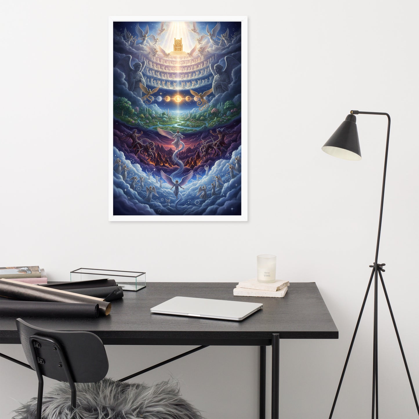 Enoch's vision of the seven heavens prophetic Christian wall art — paradise garden, celestial sun and moon, bound Watchers, angelic hosts, and blazing golden throne of glory surrounded by the heavenly host