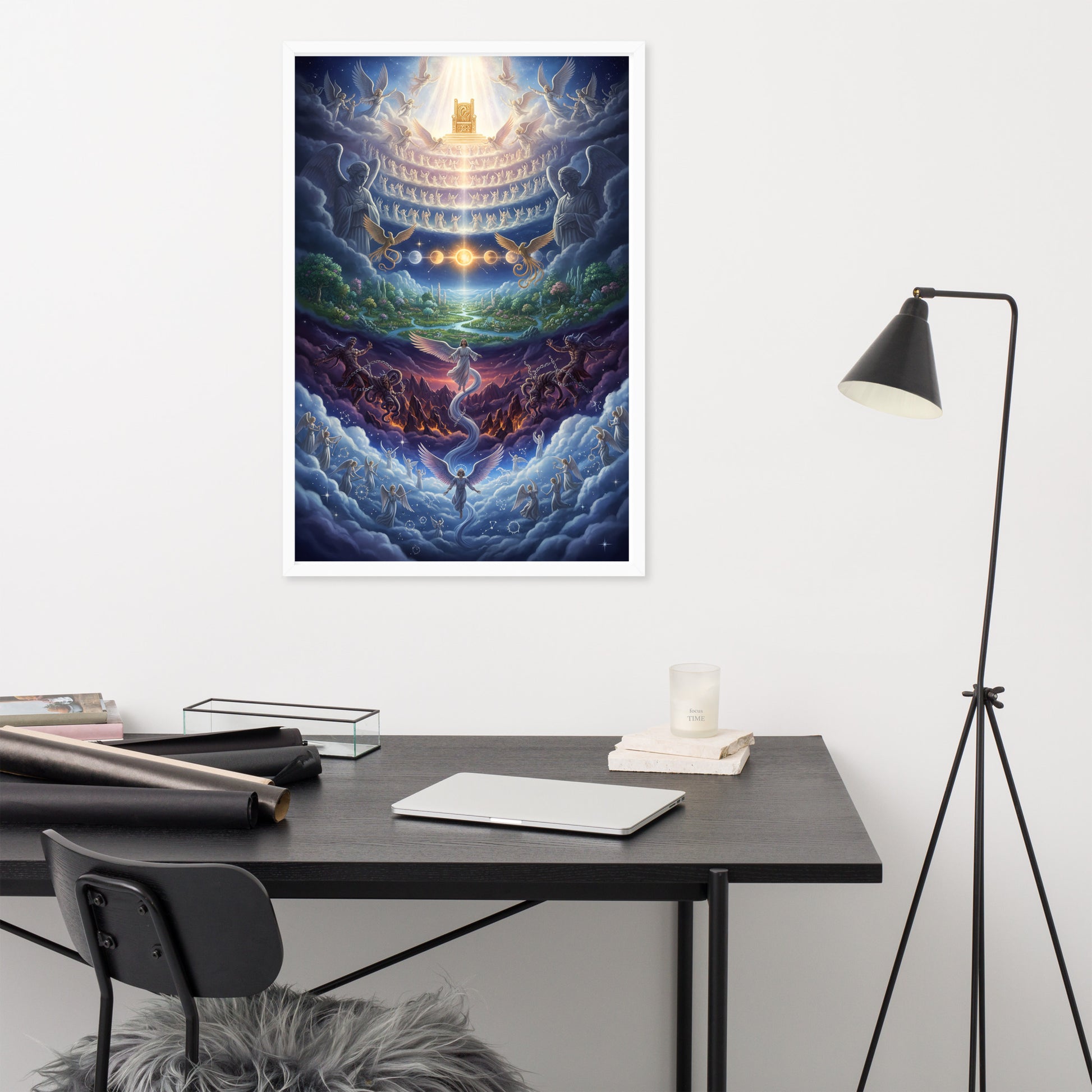 Enoch's vision of the seven heavens prophetic Christian wall art — paradise garden, celestial sun and moon, bound Watchers, angelic hosts, and blazing golden throne of glory surrounded by the heavenly host