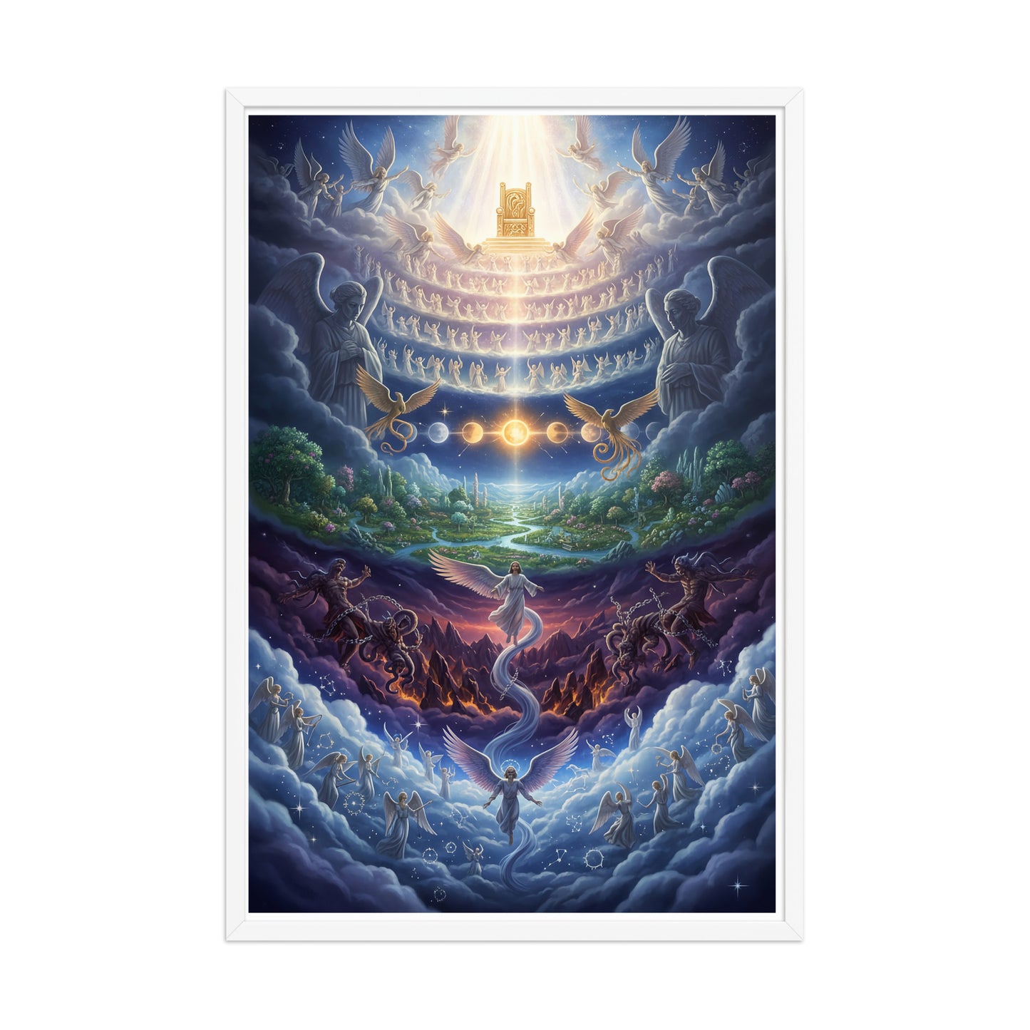 Enoch's vision of the seven heavens prophetic Christian wall art — paradise garden, celestial sun and moon, bound Watchers, angelic hosts, and blazing golden throne of glory surrounded by the heavenly host